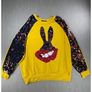 Codigo Sweatshirt Women‎ One Size Yellow Sequin Bunny Lips Raglan Sleeve Graphic